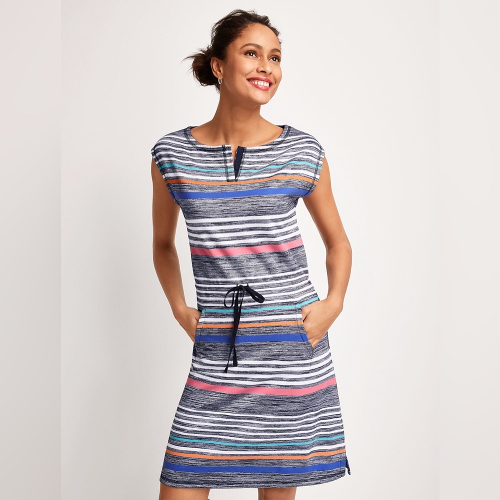 Talbots Striped Drawstring Waist Shift Dress Size M Sporty Coastal Americana